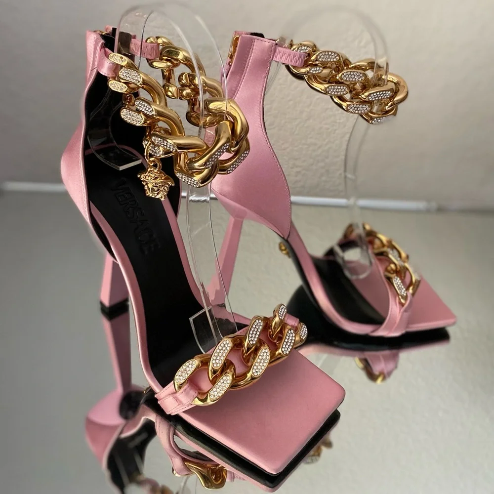 New Versace Crystal Chain High-Heel Sandals Pink 37 $1,725 - Picture 8 of 16